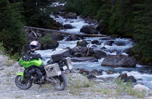 My Versys at an unnamed creek on the way up to the Salmon Glacier